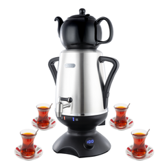 ETHNIQ - Electric Samovar | 4L Stainless Steel Tea Maker | Adjustable Temperature Controller | Boil Dry & Auto Shot-off | 1.2L Porcelain Teapot – Black