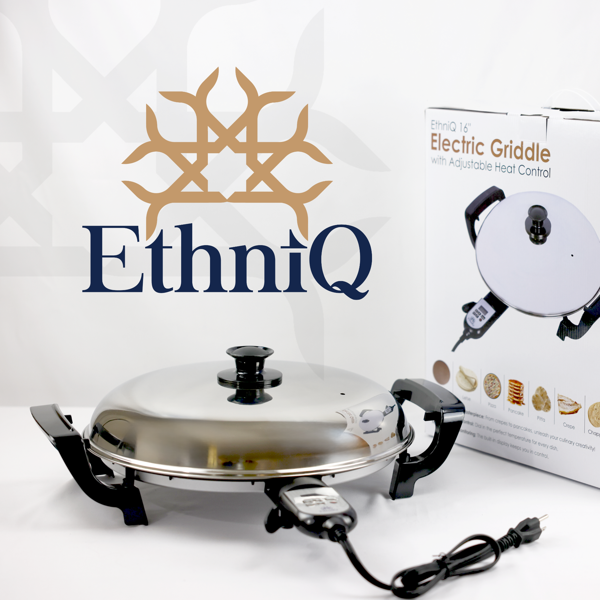 ETHNIQ 16" Electric Griddle for Injera Crepe, Lefse, Mogogo, Mitad, Pancake Maker - Adjustable Heat Control with Digital Screen - Non-Stackable Surface - Even Heat Distribution