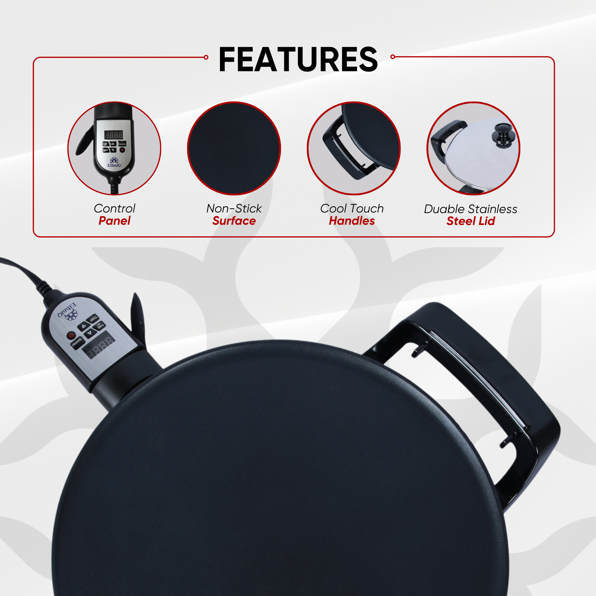 ETHNIQ 16" Electric Griddle for Injera Crepe, Lefse, Mogogo, Mitad, Pancake Maker - Adjustable Heat Control with Digital Screen - Non-Stackable Surface - Even Heat Distribution