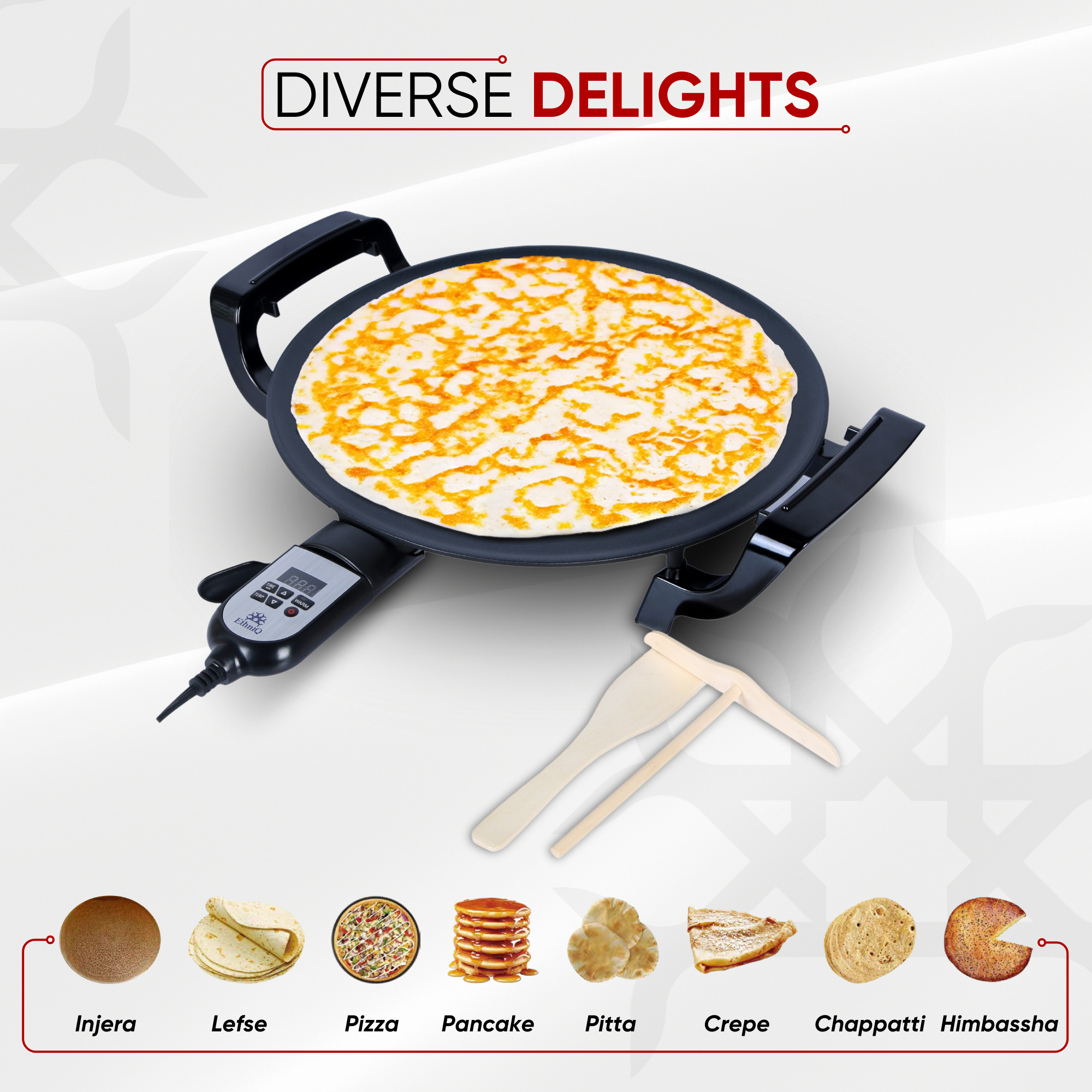 ETHNIQ 16" Electric Griddle for Injera Crepe, Lefse, Mogogo, Mitad, Pancake Maker - Adjustable Heat Control with Digital Screen - Non-Stackable Surface - Even Heat Distribution