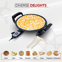 ETHNIQ 16" Electric Griddle for Injera Crepe, Lefse, Mogogo, Mitad, Pancake Maker - Adjustable Heat Control with Digital Screen - Non-Stackable Surface - Even Heat Distribution