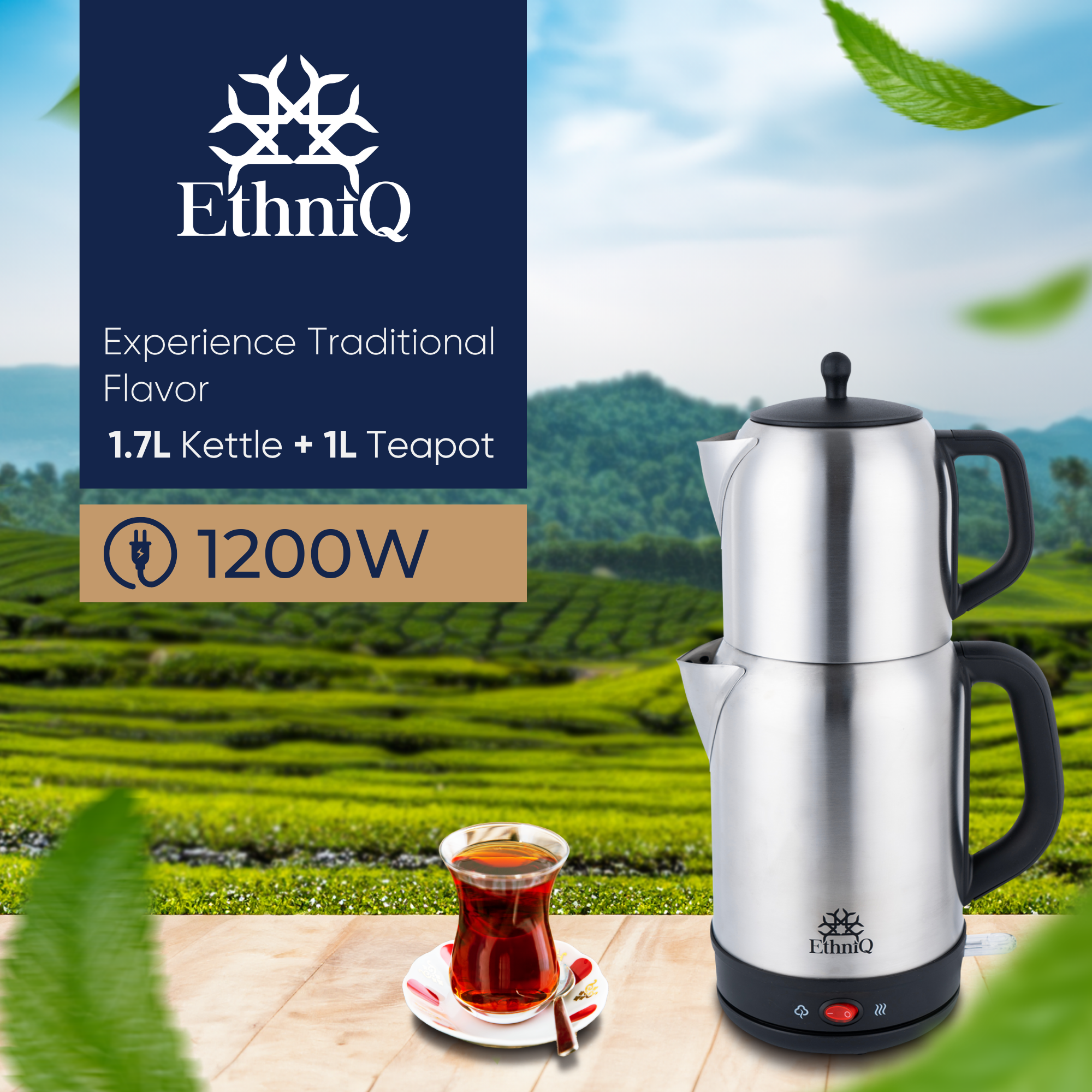 ETHNIQ TeaVibe Electric Turkish Tea Maker - Stainless Steel 120V Double Pot Kettle & Infuser