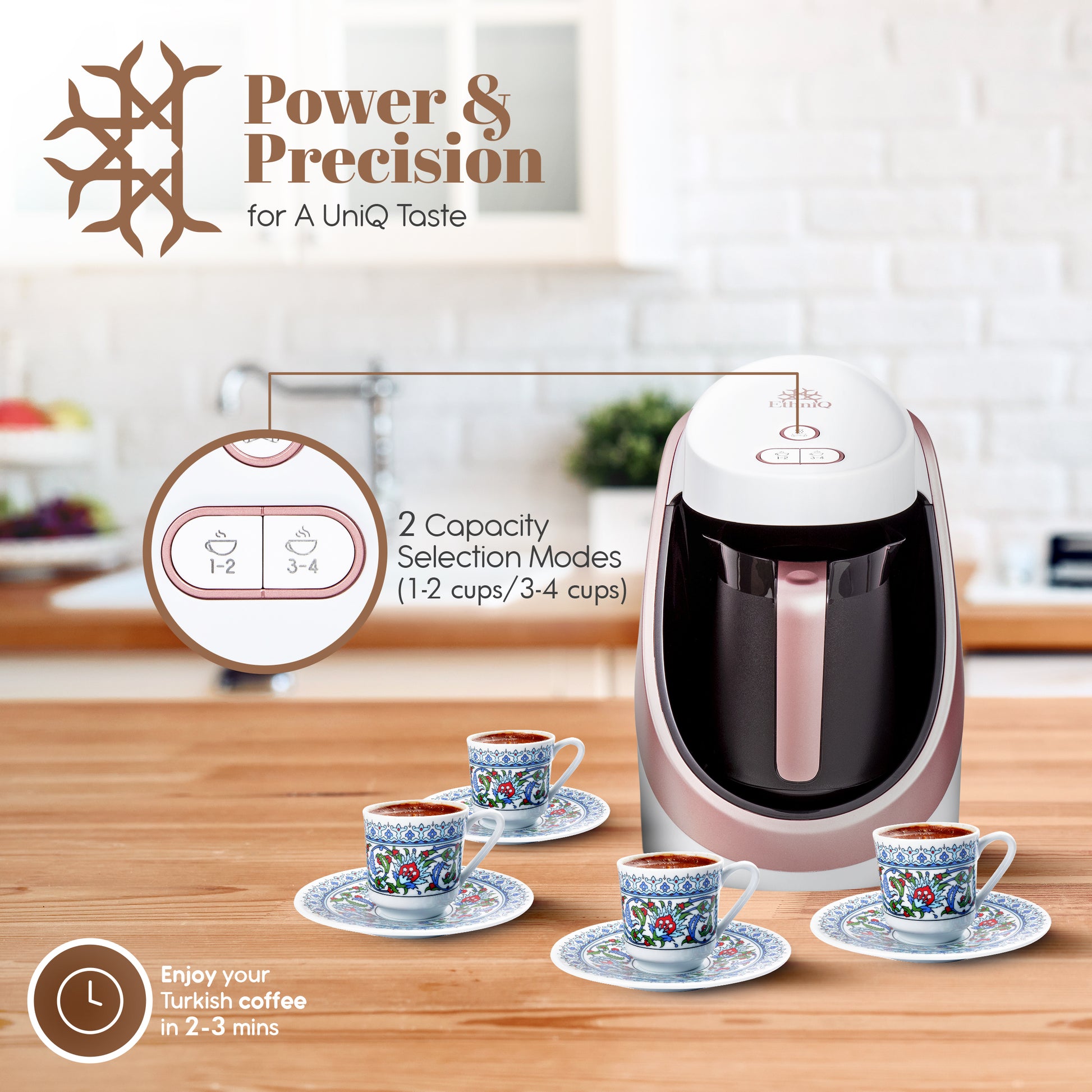 ETHNIQ Turkish Coffee Maker - 120V, 1 to 4 Cup Capacity - White/Rose G –  EthniQ